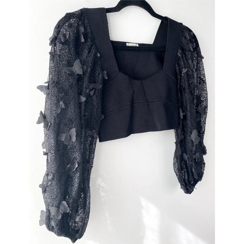 Free People Flutter By Butterfly Crop Top XS‎ Black Lace Whimsigoth Y2K 3D Fairy